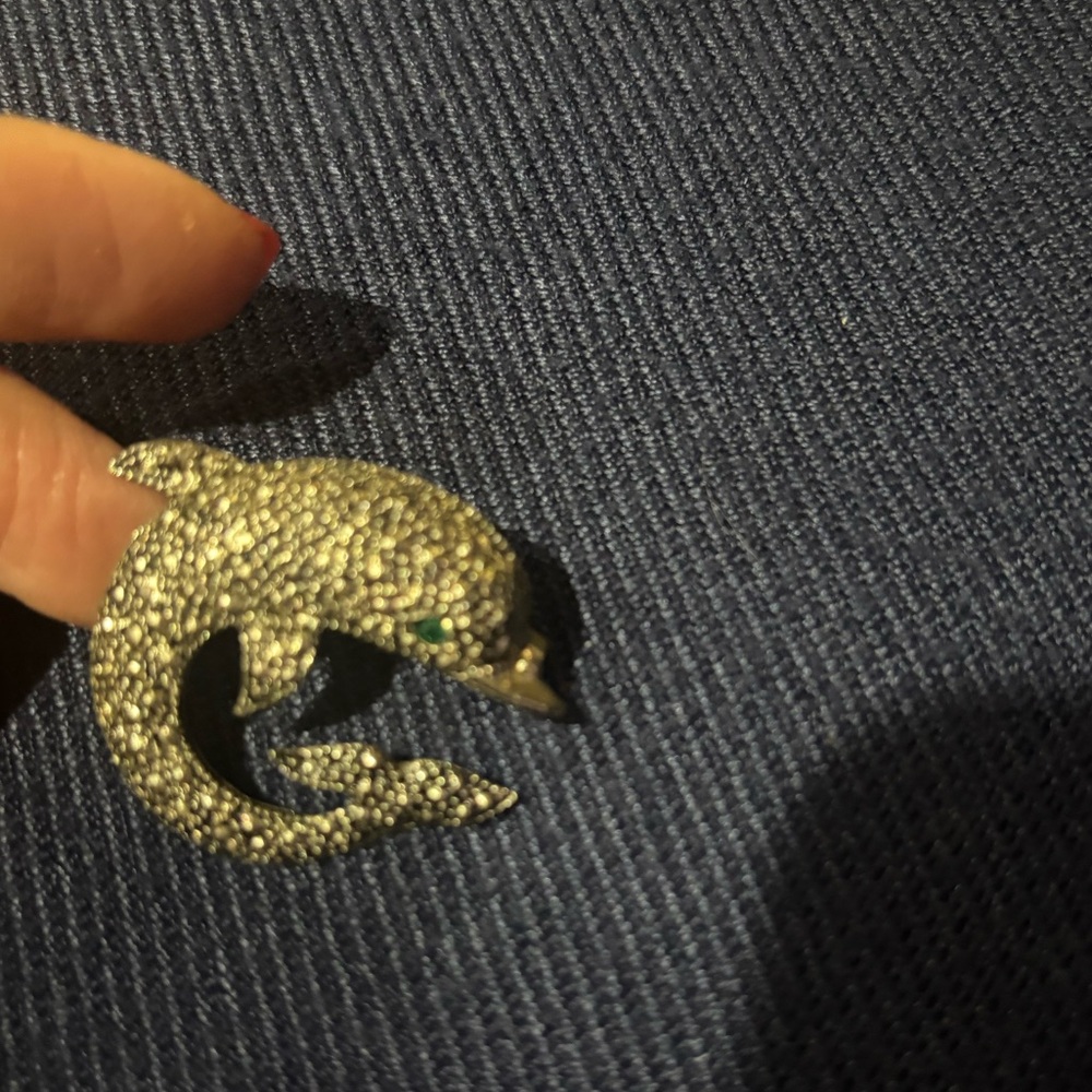 Vintage Marcasite Rhinestone Textured Figural Dolphin Curled Brooch Pin